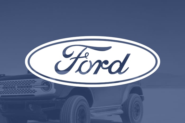 Ford logo on blue filter with Bronco in background.