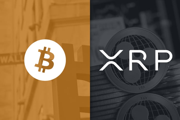 White Bitcoin and XRP logos on colorful backgrounds.