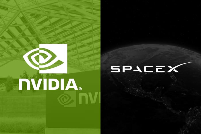 The Nvidia logo on green beside the SpaceX logo on black.