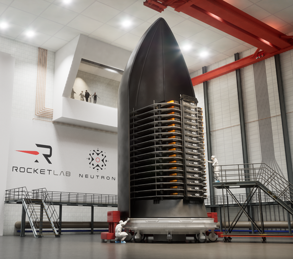 Artist's impression of Rocket Lab Flatellite spacecraft loaded into a Neutron launch vehicle fairing. IS RKLB.