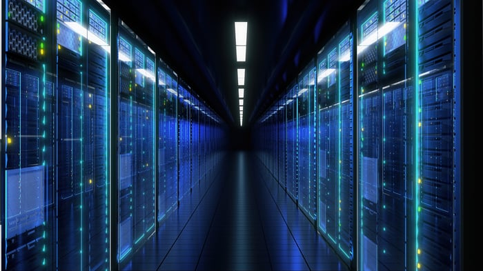 High-performance computers are illuminating an AI cloud data center. 