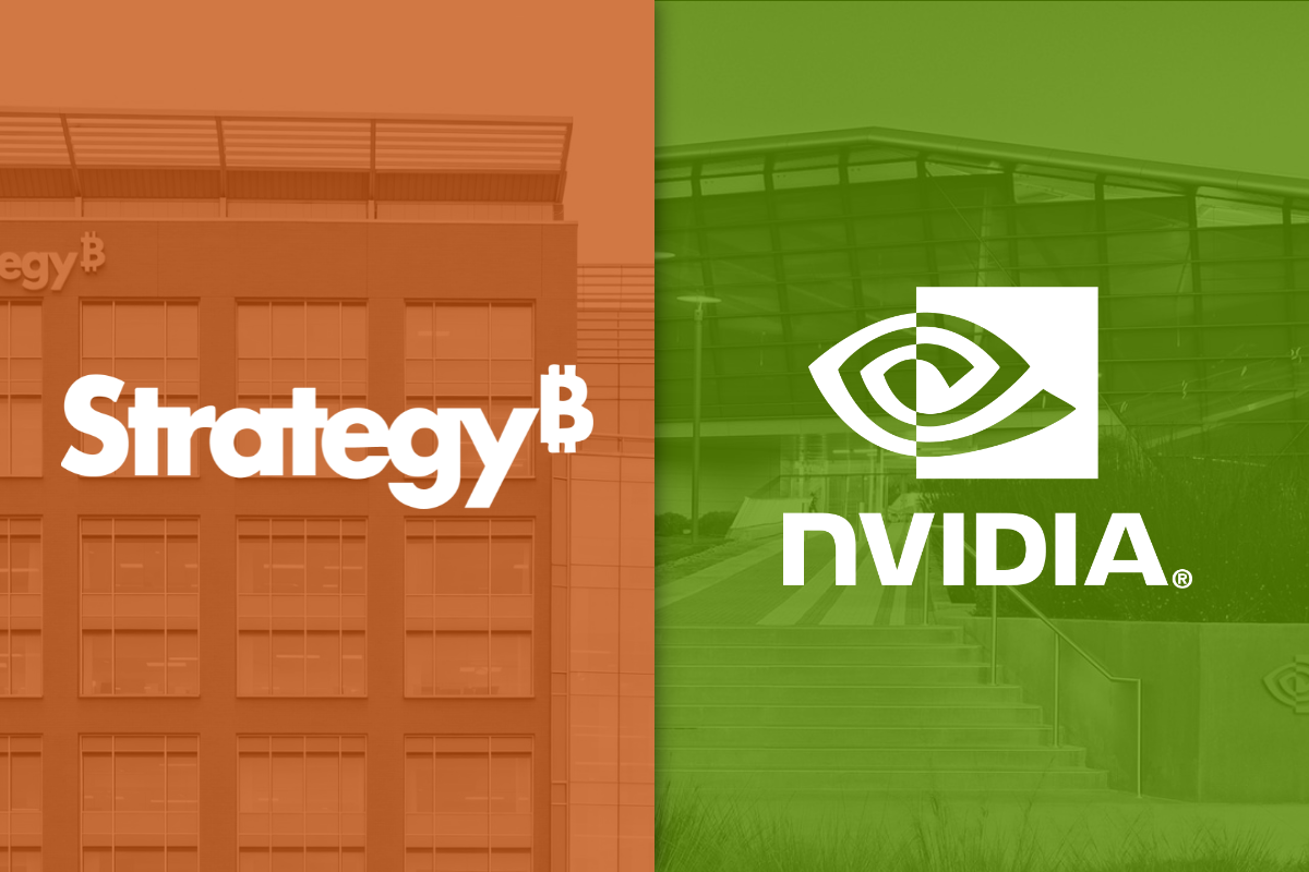 Strategy logo on left on orange filter and Nvidia logo on right on green filter_ The Motley Fool