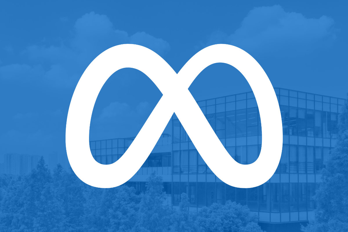The Meta Platforms logo over a blue background superimporsed over a picture of the company's headquarters building.