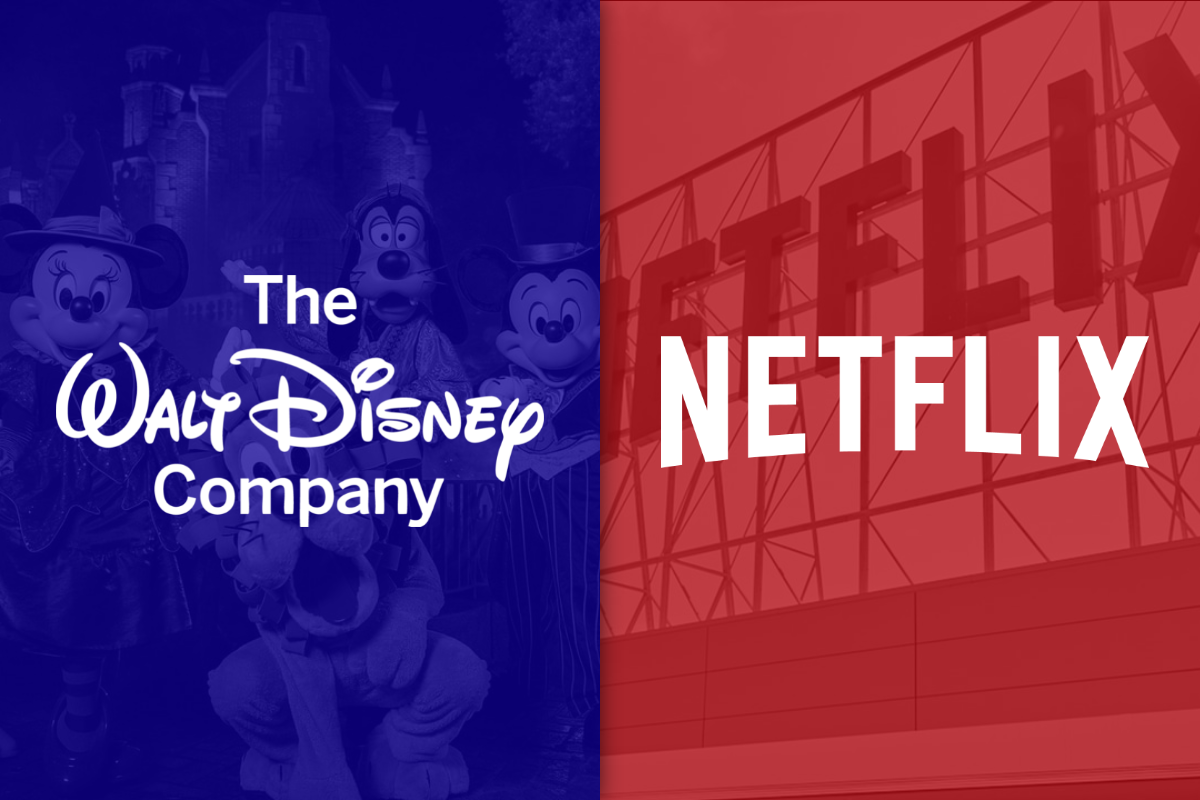 Walt Disney logo on left on purple filter and Netflix logo on right on red filter