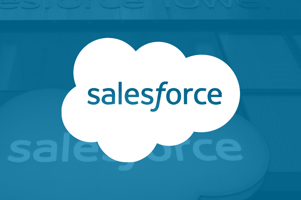 The Salesforce logo over a blue background superimposed over a picture of a sign on the company's headquarters building.