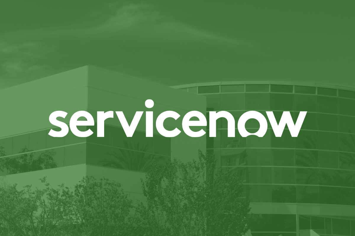 The ServiceNow logo over a green background superimposed over a picture of the company's headquarters building.