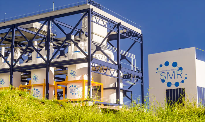 Nuclear SMR system in a field set against a blue sky.