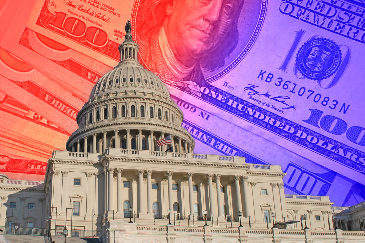 U.S. Capitol Building with red and blue $100 billions in the background covering the sky