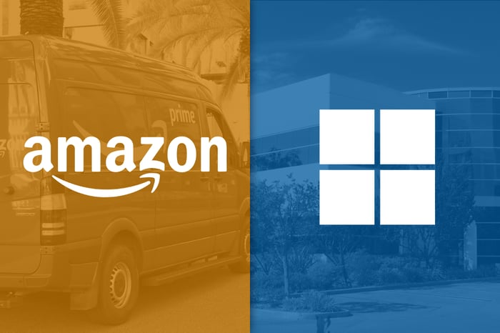 Amazon and Microsoft logo side-by-side on yellow and blue backgrounds.