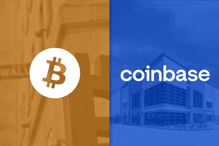 The Bitcoin logo is adjacent to the Coinbase corporate logo.
