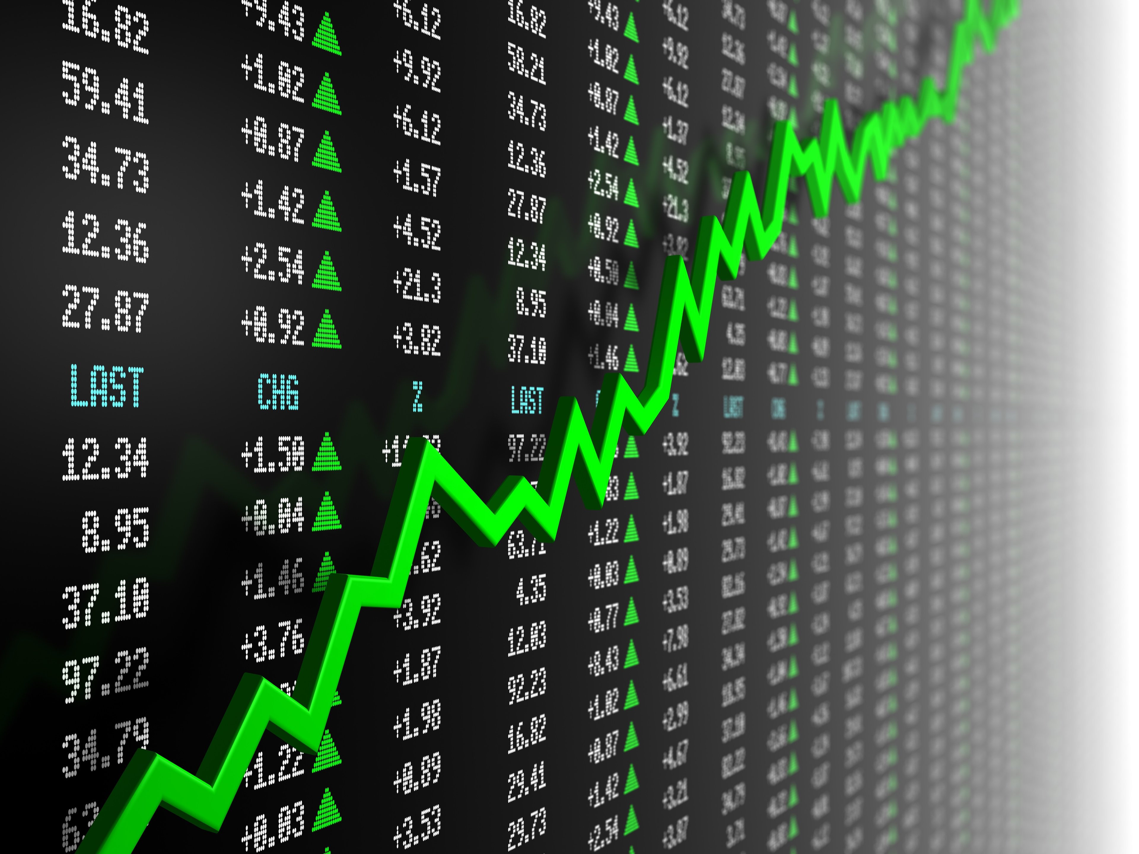stock chart higher w: green line and board