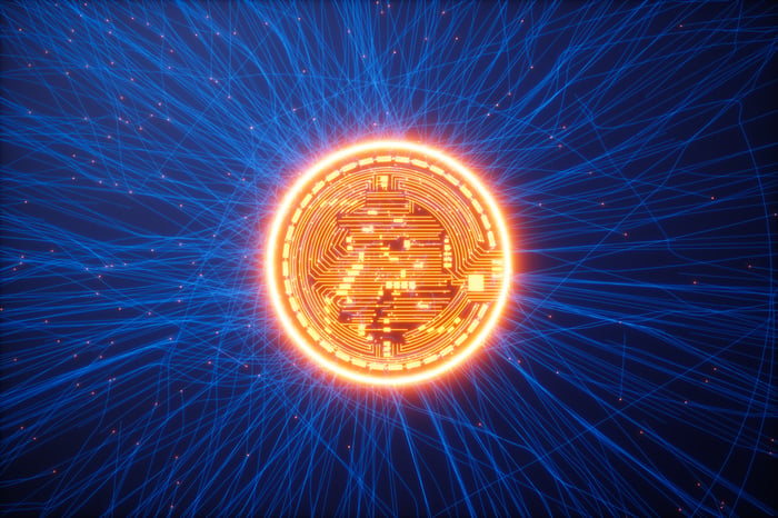 A glowing coin with a circuit board embossed.