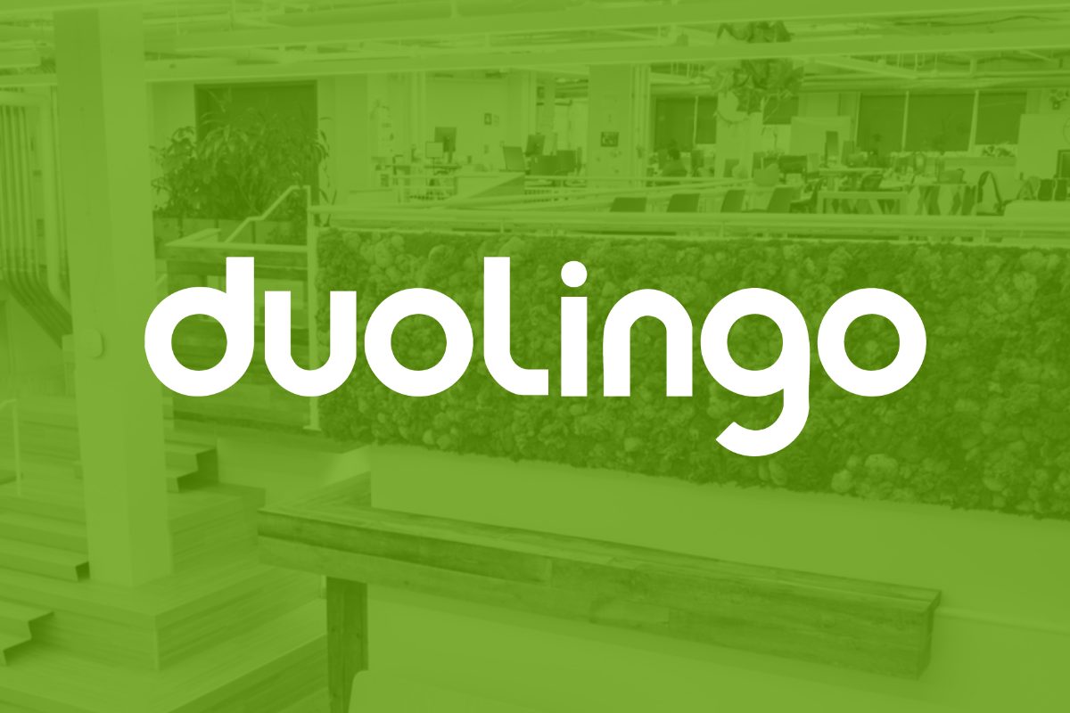 The Duolingo logo on a green translucent background