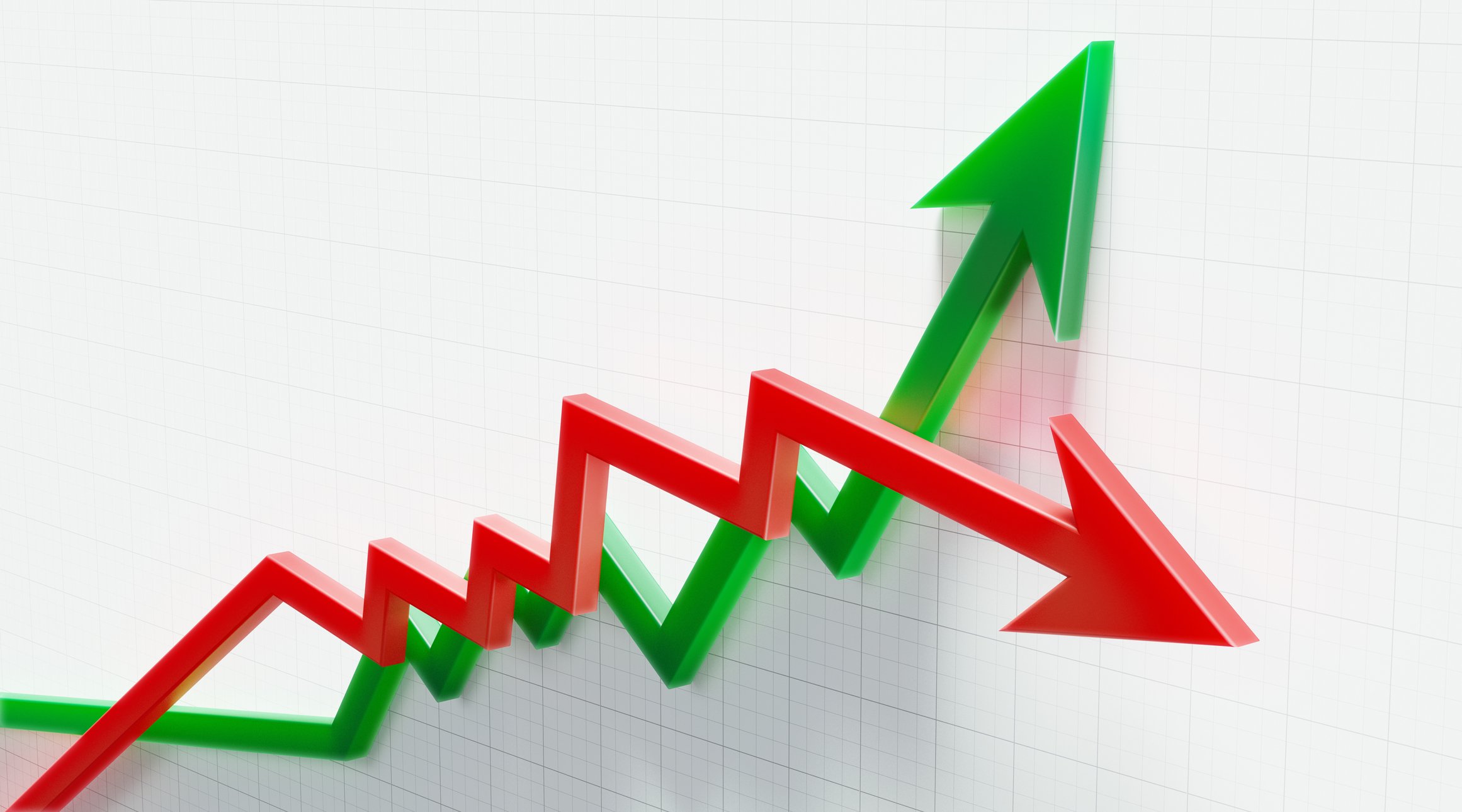 1 red arrow going down crosses 1 green arrow going up.