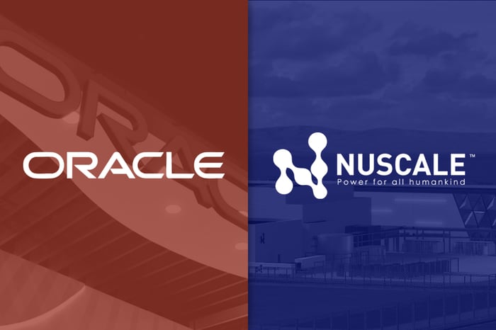 Oracle logo on a red background and NuScale logo on a blue background.