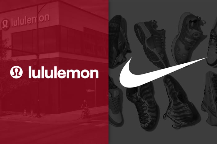Lululemon and Nike logos on red and black backgrounds, respectively.