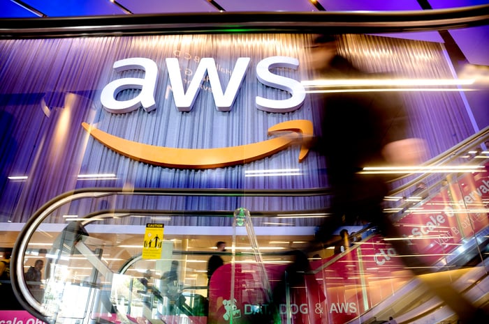 AWS logo on a wall.
