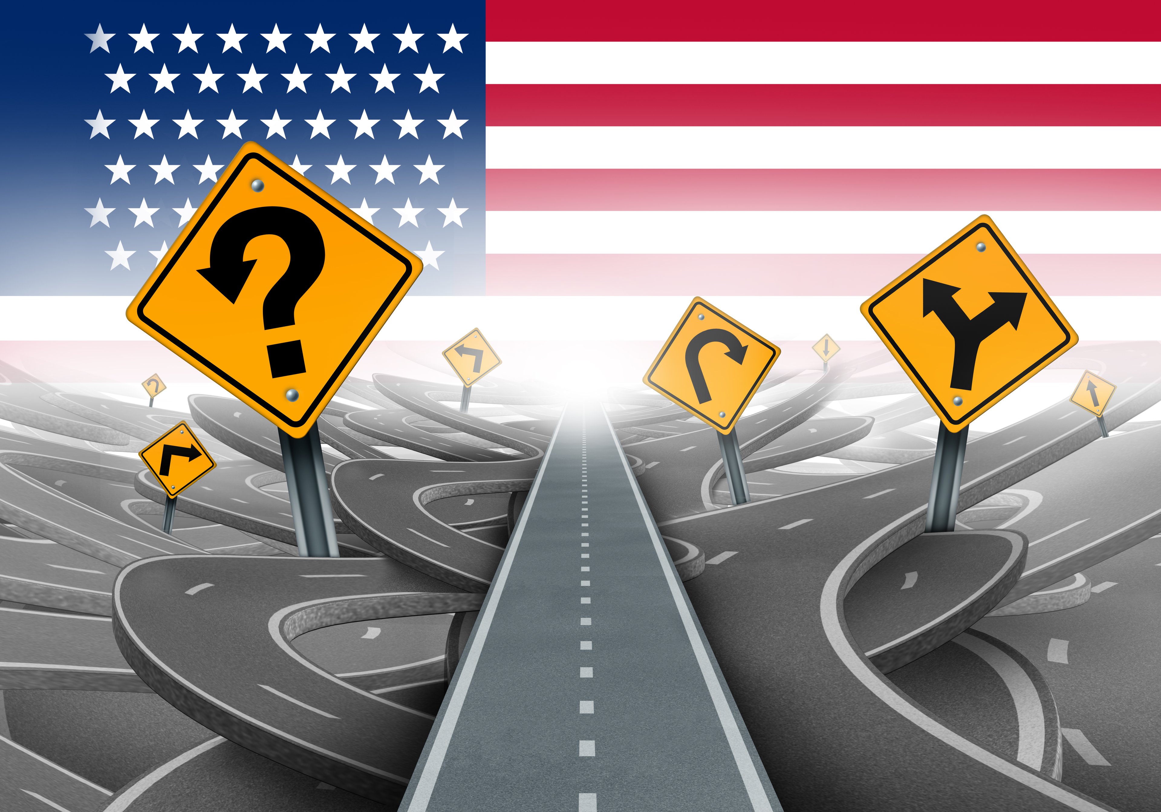 a road outlining a path forward with a US flag in the distance