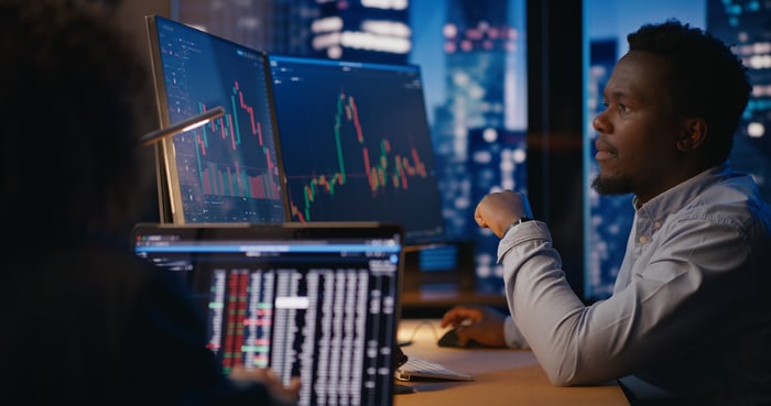 Person looking at stock charts on a computer.