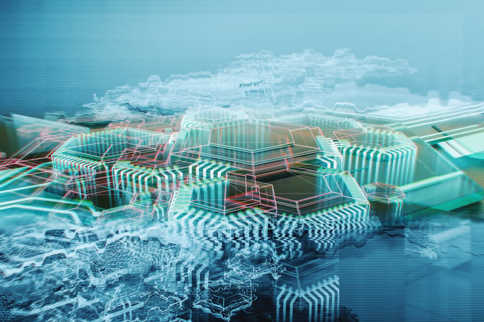 Abstract design showcasing data-driven demand for increasingly complex artificial intelligence (AI) compute architectures.