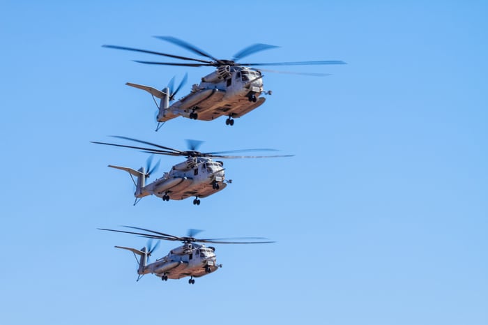 A trio of military helicopters fly in unison against a clear blue sky.