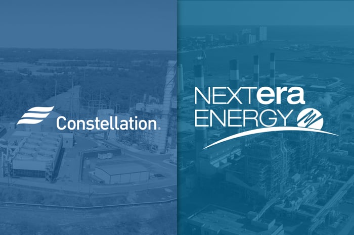 Constellation Energy and NextEra Energy's logos on blue backdrops.