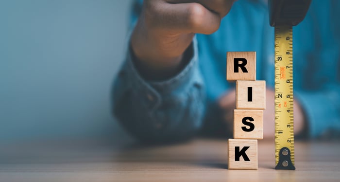 A person measuring blocks spelling out risk with a measuring tape.
