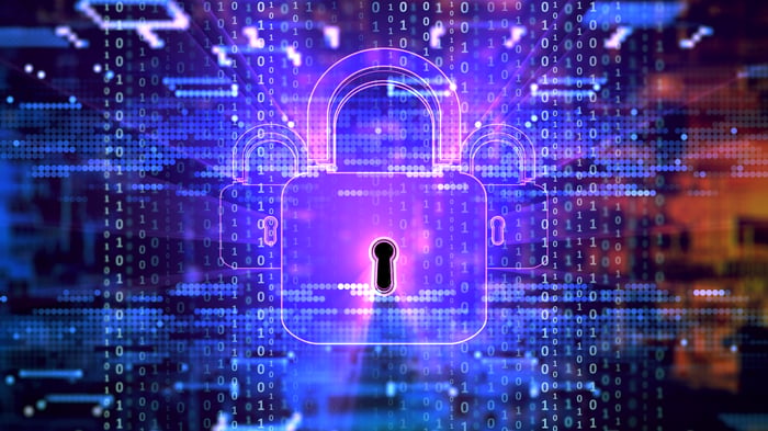Three digital padlocks surrounded by ones and zeros.