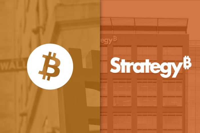 Bitcoin and Strategy logos on a yellow and orange backdrop.