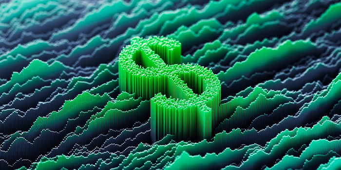 A dollar sign surrounded by chart lines. 