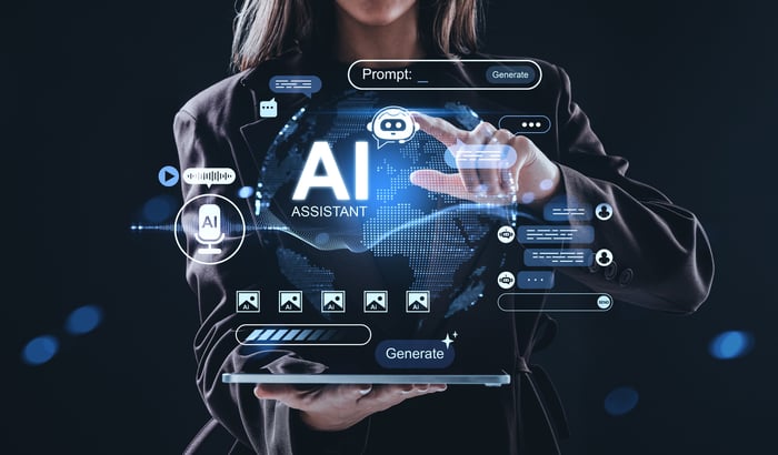 investor touches digital AI icons.