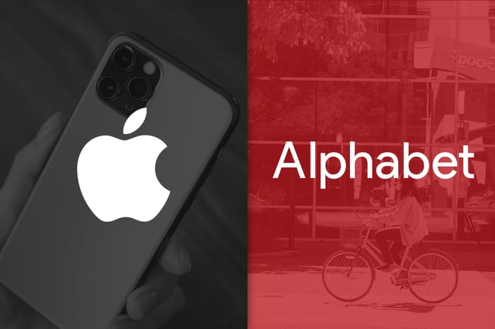 Apple logo beside the word Alphabet on a red and black background.