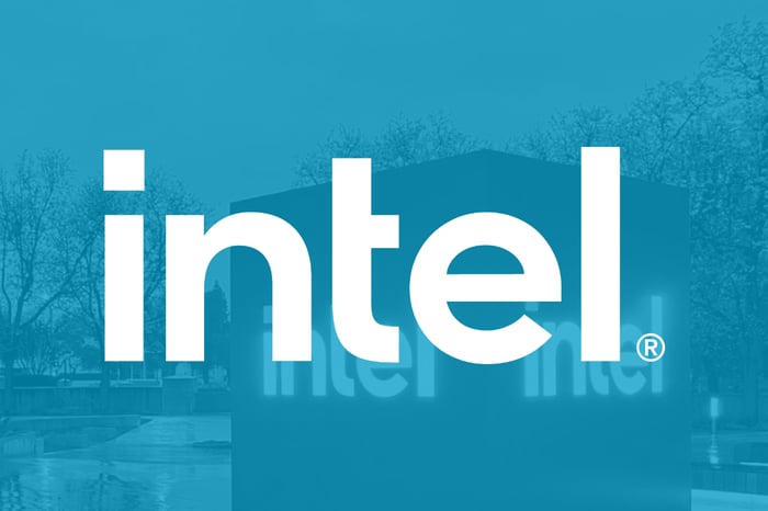 Intel's logo is displayed on a building. 