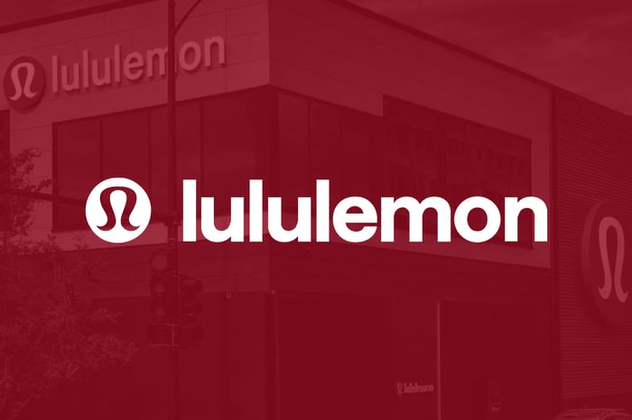 Lululemon's logo on a red backdrop.
