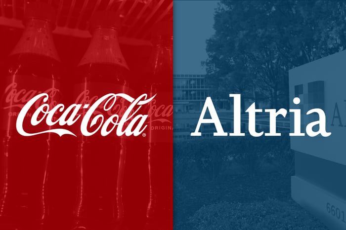 Coca-Cola and Altria's logos side by side on red and blue backgrounds.