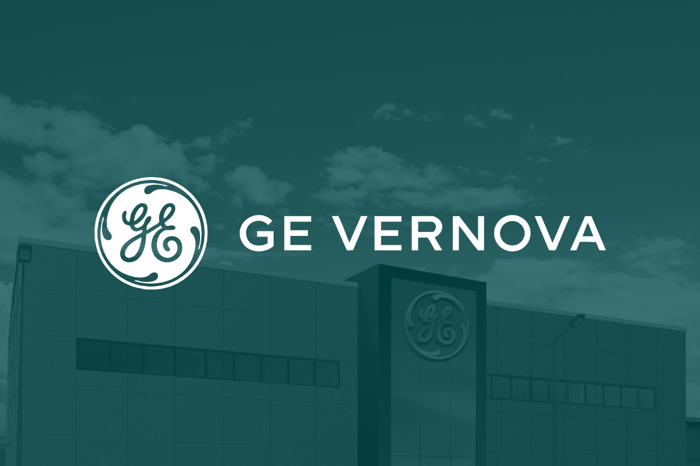 The word GE Vernova with  building in the background.