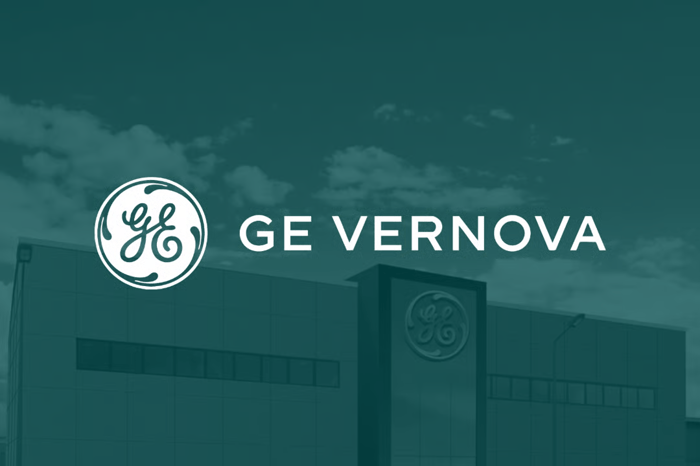 GE Vernova logo with a GE building in the background.