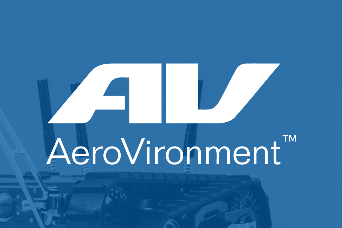 The AeroVironment logo over a blue background superimposed over the image of an unmanned military ground robot.