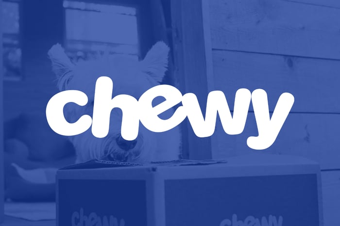 A white "Chewy" logo sits against a blue background of a delivery box being sniffed by a dog.