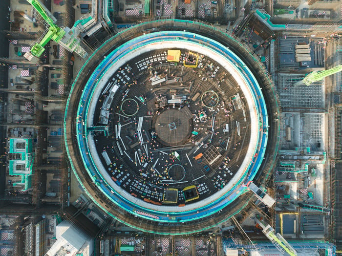 Bird's eye view of a nuclear power plant under construction.