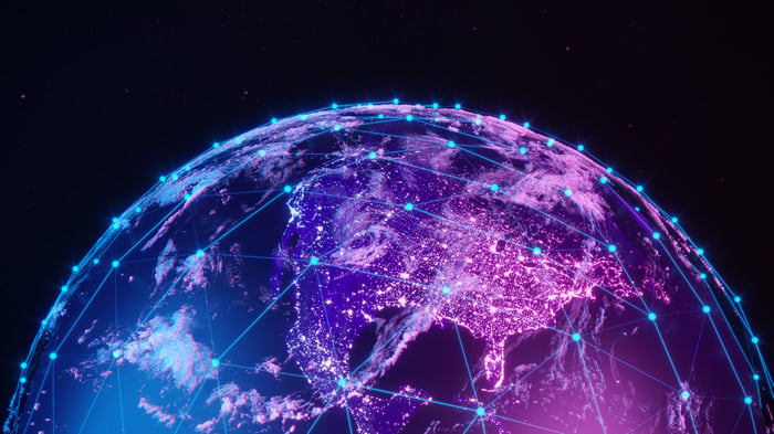 The world is connected by blue dots and lines.