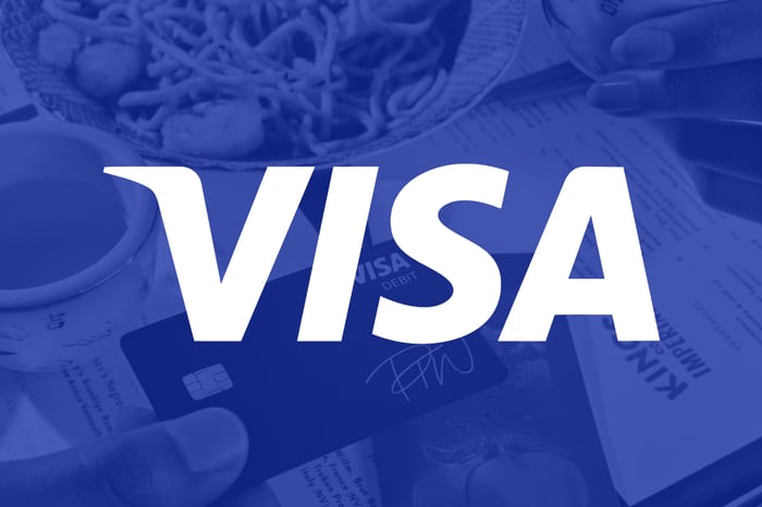 White Visa logo on a blue background.