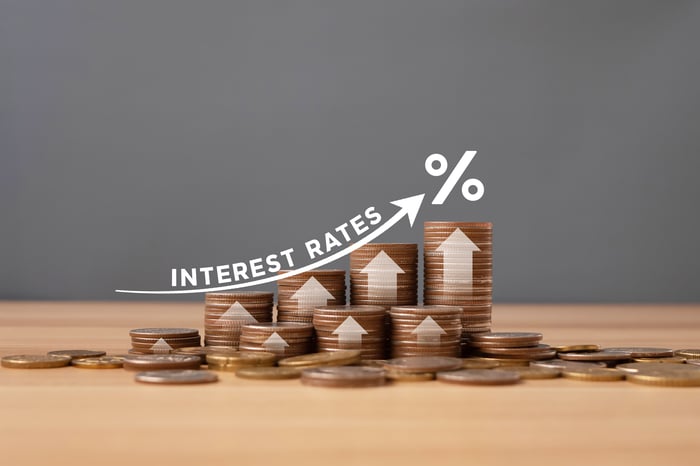 A pile of coins and an arrow showing rates rising.