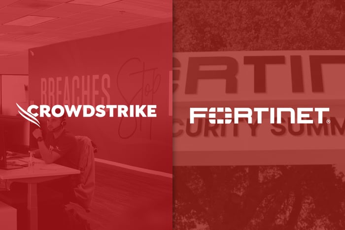 CrowdStrike and Fortinet's logos on red backdrops.