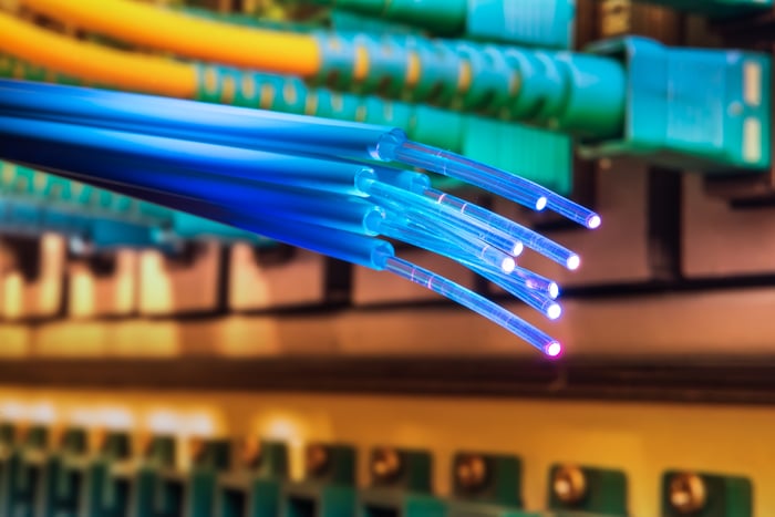 Fiberoptic cable going into a server. 