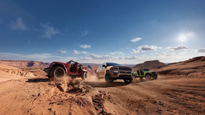 Multiple new Jeep vehicles in a desert landscape under a deep blue sky.
