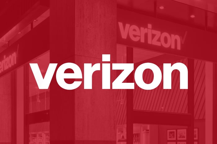 Verizon's logo is shown against a red background.