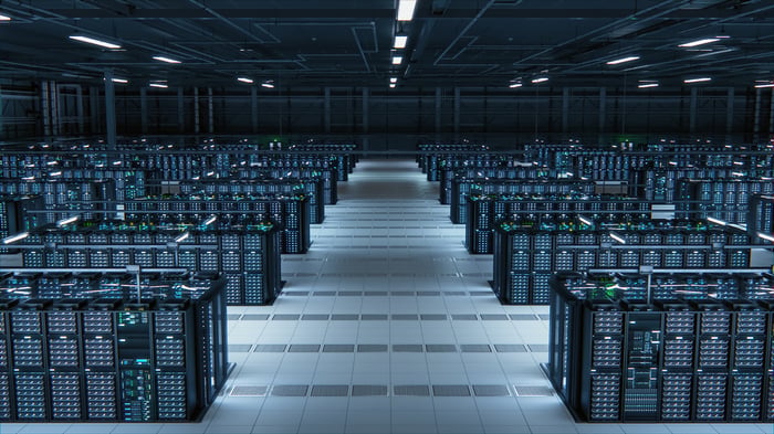 Rows and rows of computers in a data center. 
