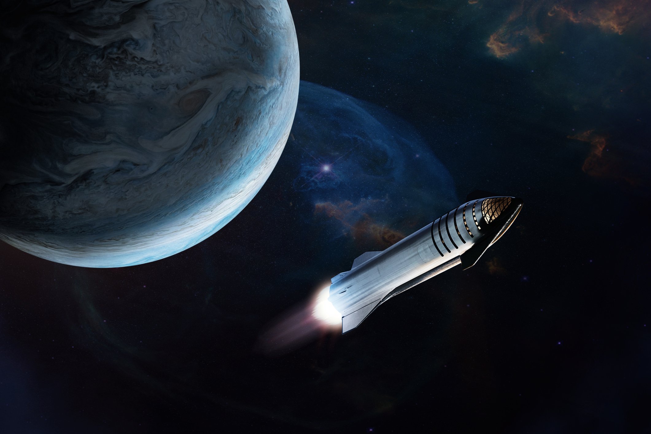 Artist's depiction of Starship leaving Earth orbit.