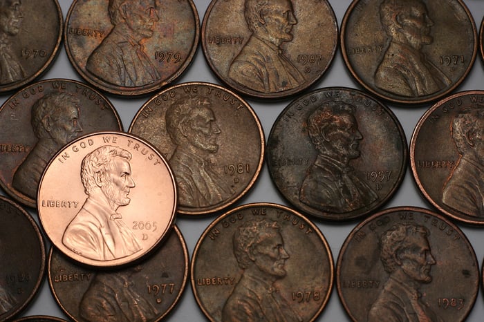 A pile of copper pennies.